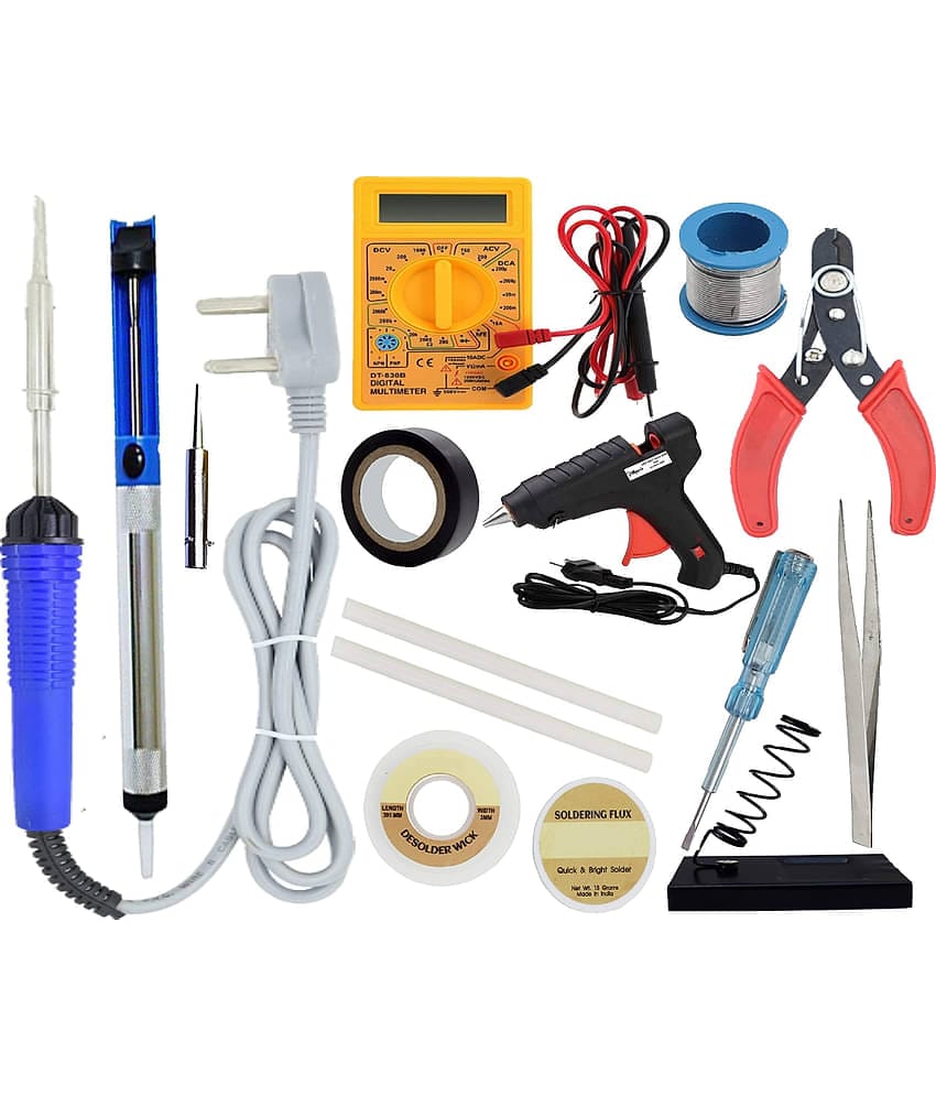 ALDECO: ( 15 in 1 ) 25 Watt Soldering Iron Kit With- Blue Iron, Wire, Flux, Wick, Stand, Tweezer, Tape, Tester, Desoldering Pump, Bit, Glue Gun, 2 Glue Stick, Digital Multimeter, Cutter