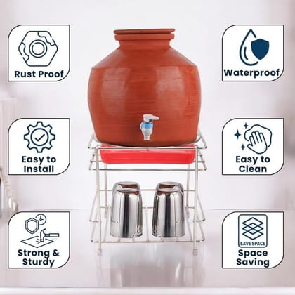 Stainless Steel Water Pot/Matka Stand with Drip Tray & Glass Holder