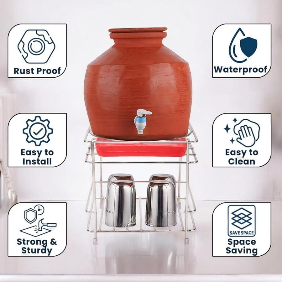 Stainless Steel Water Pot/Matka Stand with Drip Tray & Glass Holder