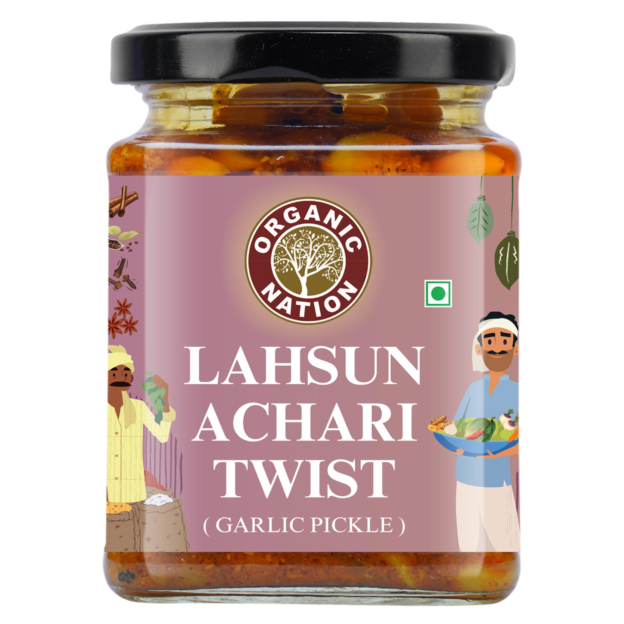 Organic Nation Garlic Pickle - Lahsun Achari Twist | Homestyle Indian Pickle | Authentic Traditional Taste | No Preservatives | 250g