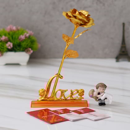 Valentine Combo of Pack of 12 Love Coupons Gift Cards Set, Love Golden Rose Table Decor Gift Set Showpiece, Bride Kissing Groom Romantic Polyresin Decorative Showpiece