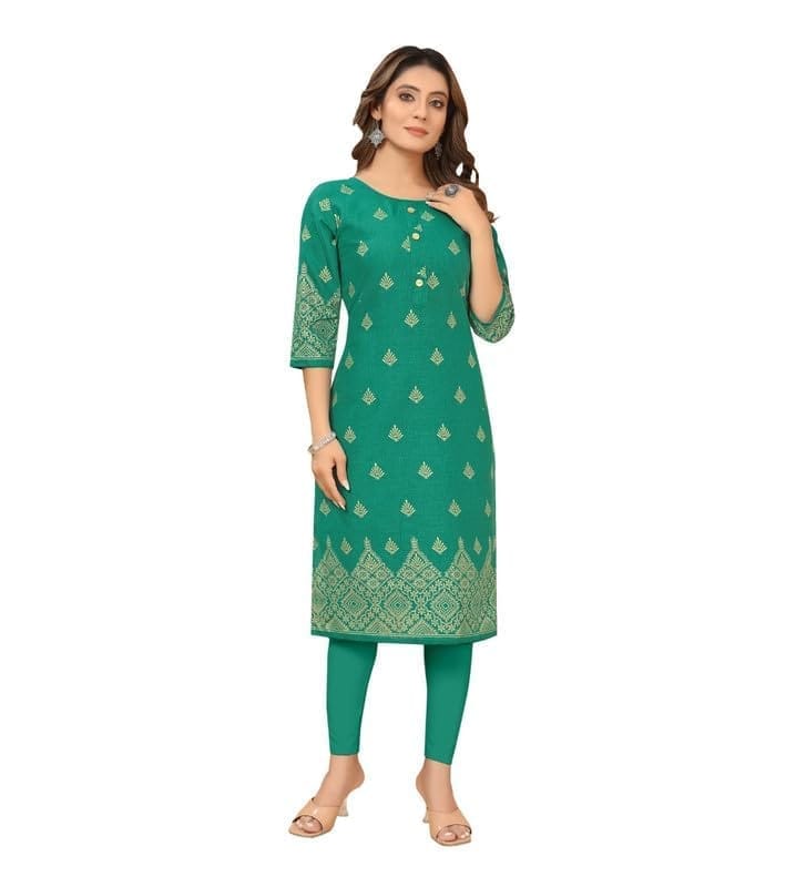 Women's Casual 3/4th Sleeve Foil Gold Printed Ruby Cotton Kurti (Green, 2XL)-PID46105