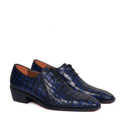 Perfect Cuban Heel Smokey Blue Cut Croco Textured Oxfords Leather Lace Up Formal Shoes For Men  by Brune & Bareskin-40/6