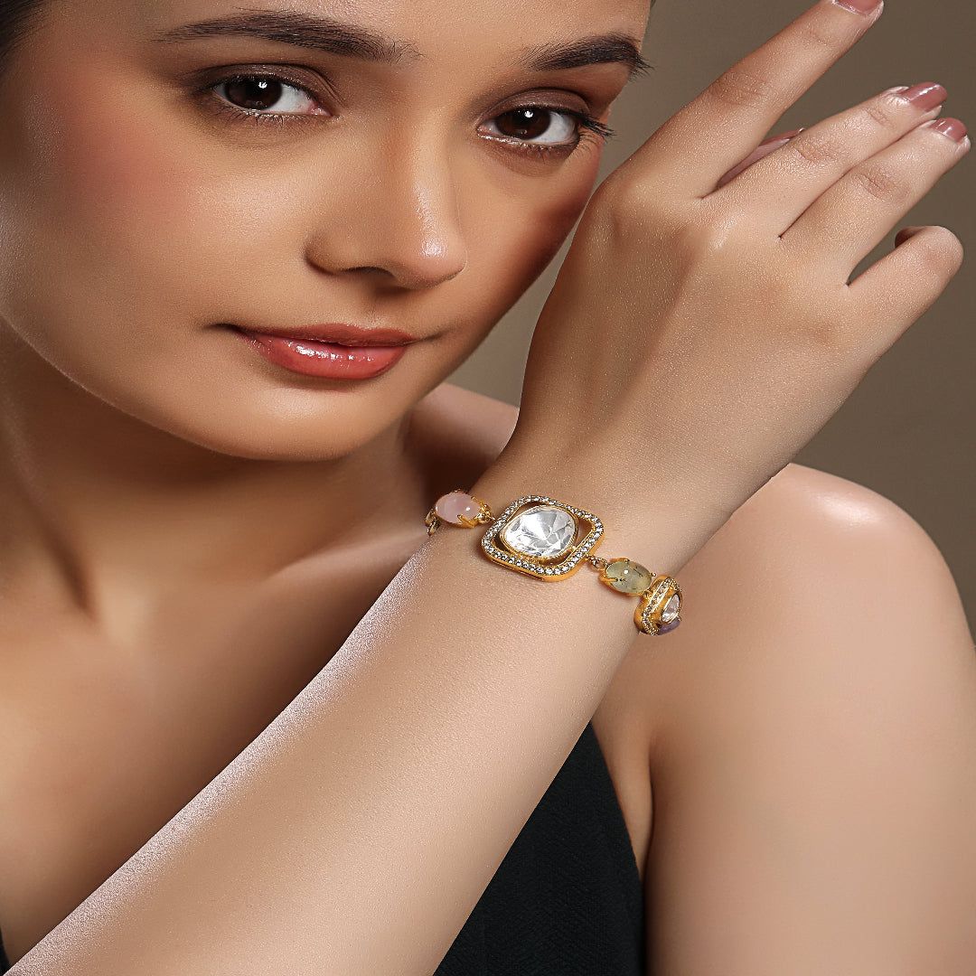 Gold-Plated Kundan Polki Openable Bracelet- HRBR38