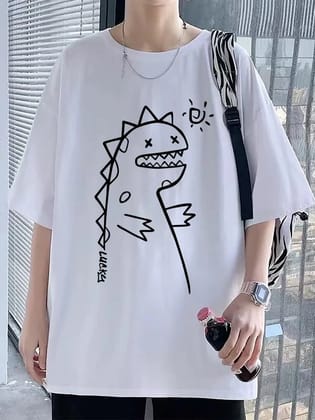 Men's Oversized White T-Shirt with Cartoon Print-Small