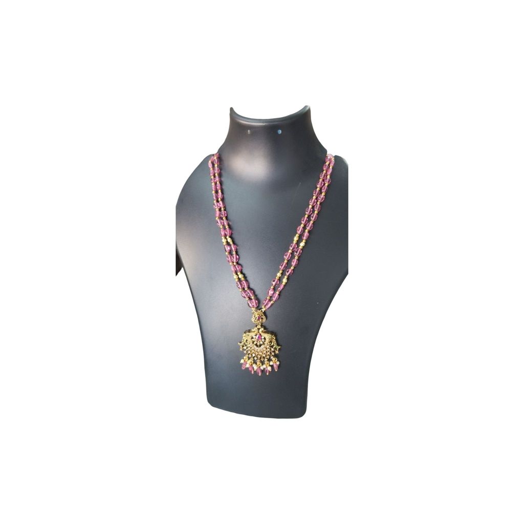 Delicate Pink Beaded Necklace with Antique Gold Pendant