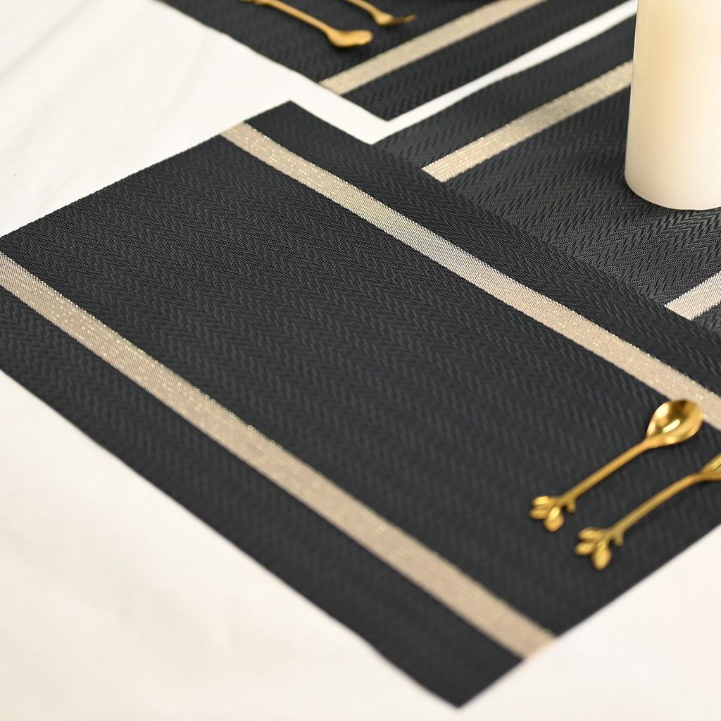 Black & Beige Striped Woven Polyester Placemats for Dining Table
