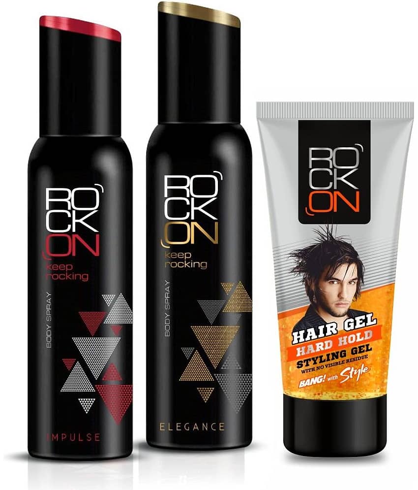 ROCK ON Grooming Combo of Impulse Deo & Elegance Deo (150ml Each) + Hard Hold Styling Gel (60g)