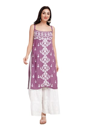 The Chikankari Story Premium Hot Purple Modal Kurti with Chikankari Embroidery – Elegant Fusion of Tradition and Style.-S