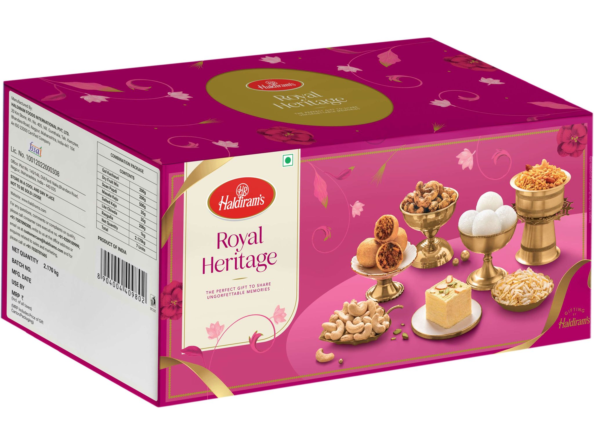 Haldiram's Royal Heritage Gift Hamper - 1 Kg Rasgulla,50og Soan Papdi, 200g Chiwda, 200g Dry Fruit Mix, 200g  Kachori, 35g Masala Kaju & 35g  Kaju 