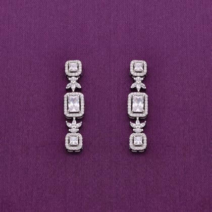 Sparkling Zircon Studded Baguettes Dangler Silver Earrings-White Stone / Silver