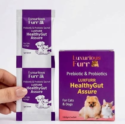 LUXFURR HealthyGut Assure Probiotics + Prebiotics for Dogs & Cats | Advanced Gut Wellness Formula | Supports Digestion, Prevents Diarrhea & Indigestion 10 Sachets of 5 gm Each