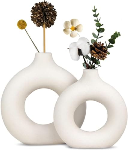 Vases for Flower Plants (White, 8.5 & 6 Inches) - Ceramic Vase Pampas Grass Home Decoration Items for Living Room