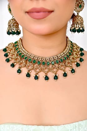 Emerald Green Polki Kundan Necklace Set with Jhumka Earrings and Maang Tikka-20cm / Green / Premium 1 gram gold plating on durable brass base with 3-month warranty protection with polki stones