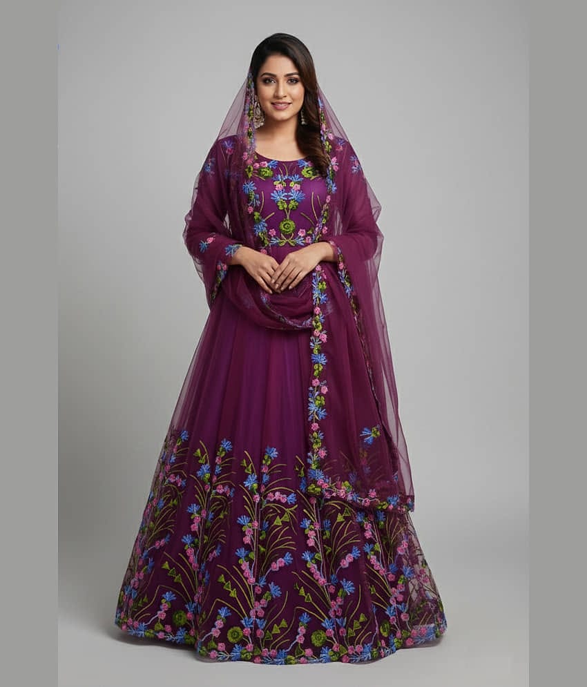 Apnisha Women's Net Semi Stitched Flared Ethnic Gown With Dupatta