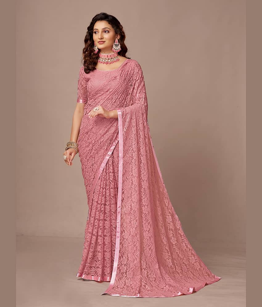 VANRAJ CREATION Net Self Design Saree With Unstitched Blouse Piece ( Brown )