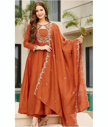 Mahek Fashion Women Silk Blend Embroidered Anarkali Kurti With Pants ( Rust )