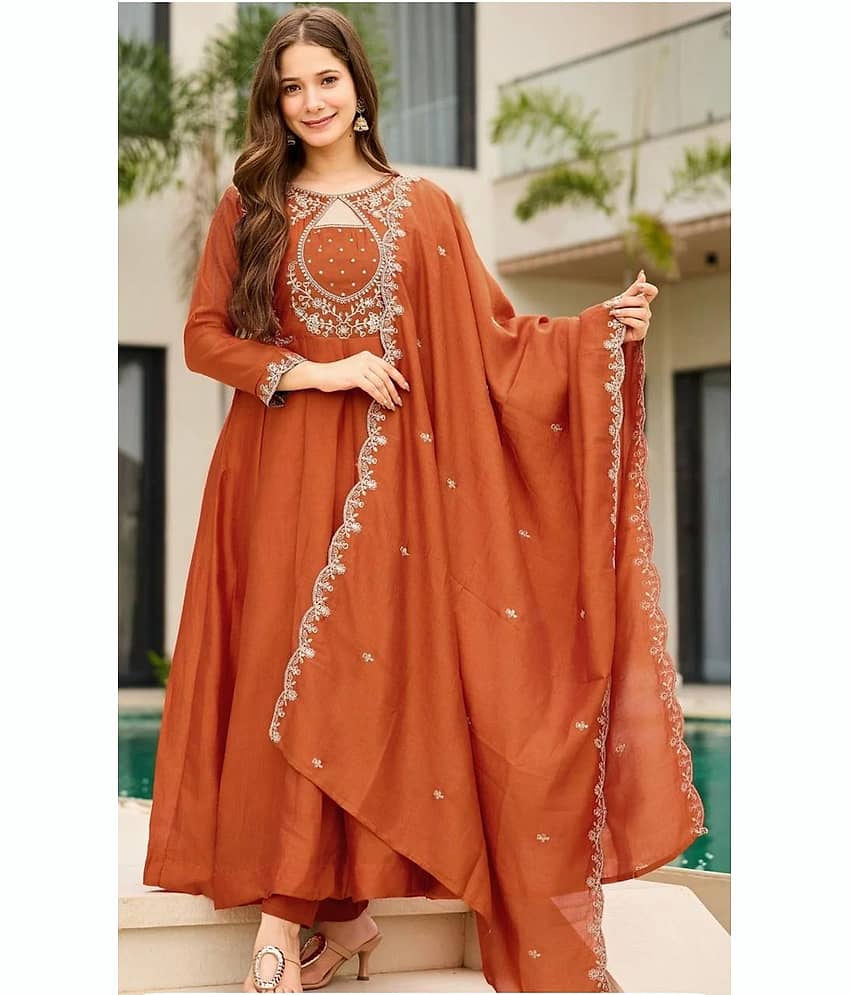 Mahek Fashion Women Silk Blend Embroidered Anarkali Kurti With Pants ( Rust )