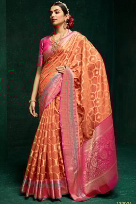 Dark Peach Banarasi Cotton Silk Saree