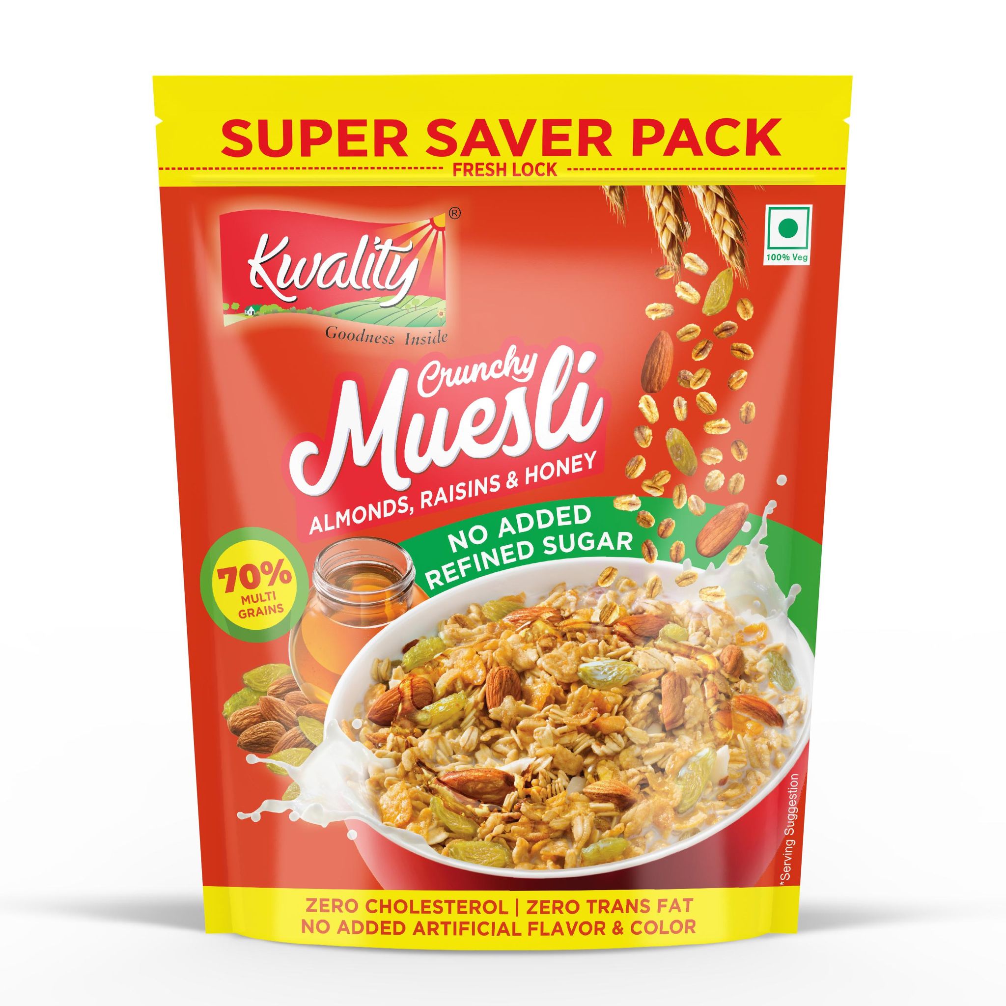 Kwality Crunchy Muesli Almonds, Raisins and Honey Pouch, Super Saver Pack (700 g)