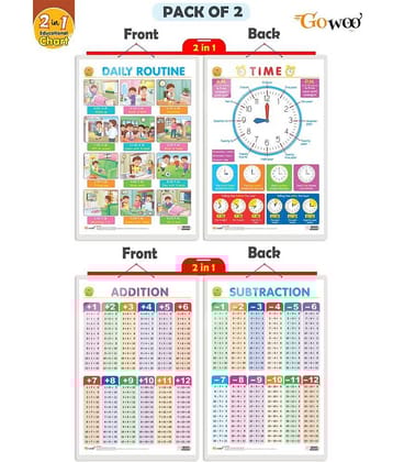 Set of 2 | 2 IN 1 DAILY ROUTINE AND TIME and 2 IN 1 ADDITION AND SUBTRACTION Early Learning Educational Charts for Kids | 20"X30" inch |Non-Tearable and Waterproof | Double Sided Laminated | Perfect for Homeschooling, Kindergarten and Nursery Students