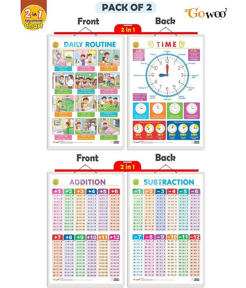 Set of 2 | 2 IN 1 DAILY ROUTINE AND TIME and 2 IN 1 ADDITION AND SUBTRACTION Early Learning Educational Charts for Kids | 20"X30" inch |Non-Tearable and Waterproof | Double Sided Laminated | Perfect for Homeschooling, Kindergarten and Nursery Students
