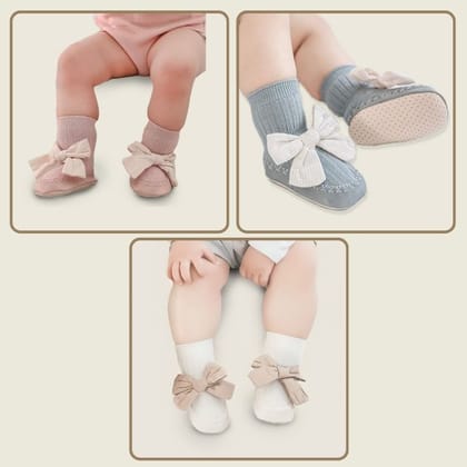 Pack of 3- Bow Baby Socks-0-6 Months- S / Korean Pink-Cyan Blue-Coffee Milk
