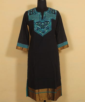 Black turquoise blue aari hand embroidered cotton kurta