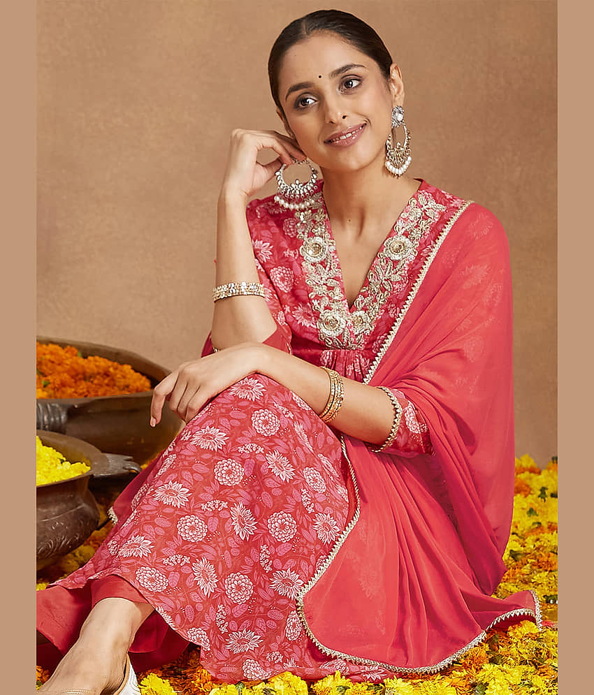 Janasya Women Georgette Embellished A-line Kurti With Pants ( Red )