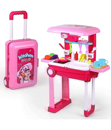 Little Chef 2 in 1 Kitchen Play Set,Pretend Play Luggage Kitchen Kit for Kids with Suitcase Trolley Carrycase with Sound-Lights and Accessories Included Multicolor(Kitchen Play Set)