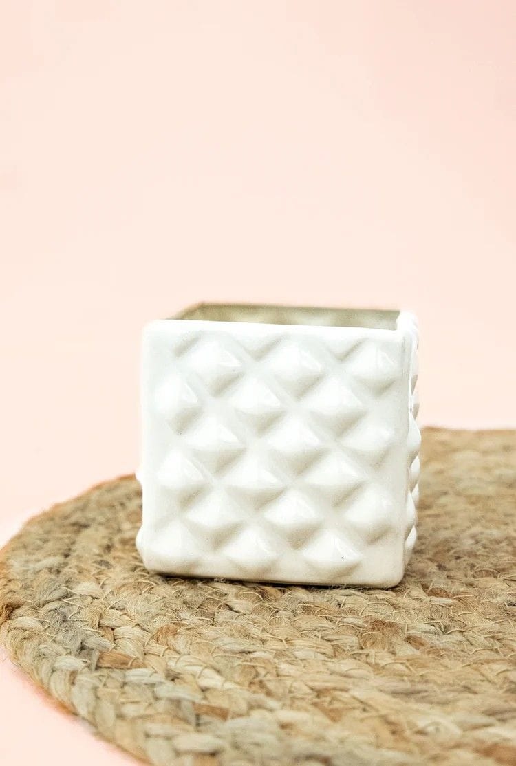 Pure Elegance Ceramic White square diomond cut planter pot
