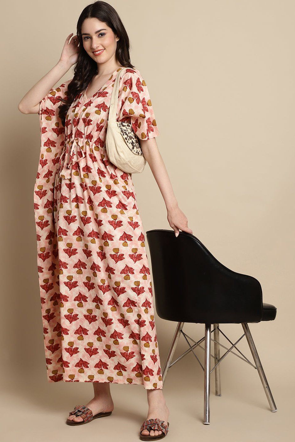 Pink Floral Printed Pure Cotton Kaftan Nightdress-ONESIZE