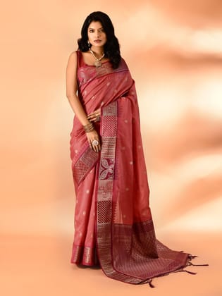 Peach Pure Cotton Silk Banarasi Weaving Saree