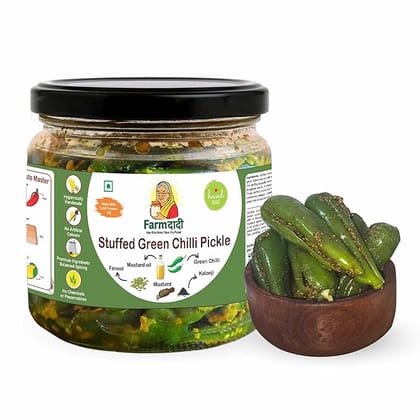 FarmDadi Stuffed Green Chilli Pickle 350g | Homemade Bharwa Hari Mirch Ka Achaar | Made in Cold Pressed Mustard Oil | Authentic Traditional Recipe | Less Oil | No Chemical Preservatives