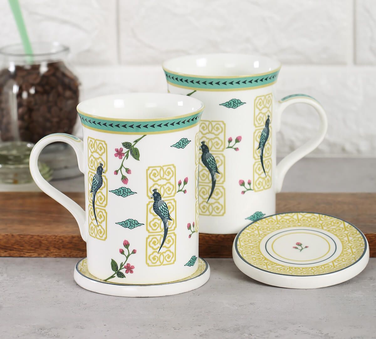 India Circus Psittacines Flourish Coffee Mugs And Coasters Set Of 2