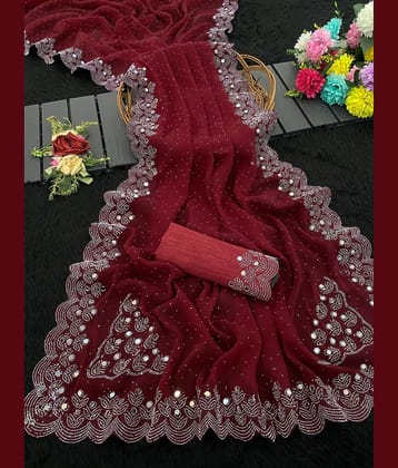 VEERAIVA Chiffon Embellished Banarasi saree With Unstitched Blouse Piece ( Red )