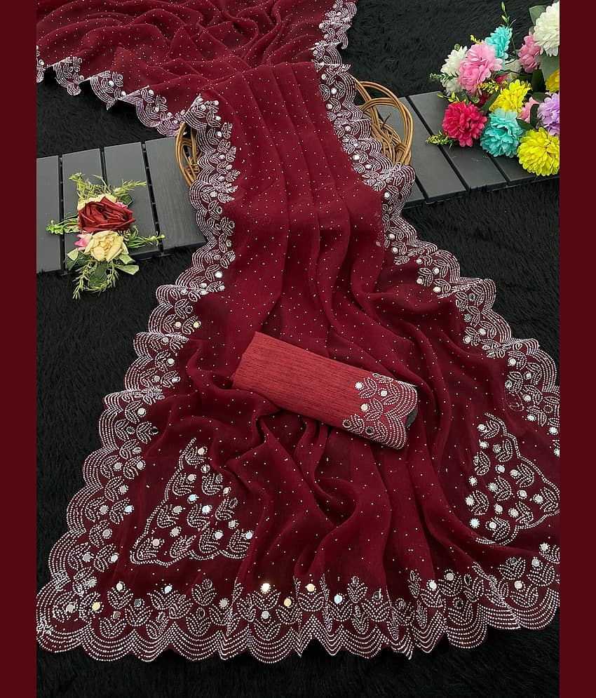 VEERAIVA Chiffon Embellished Banarasi saree With Unstitched Blouse Piece ( Red )