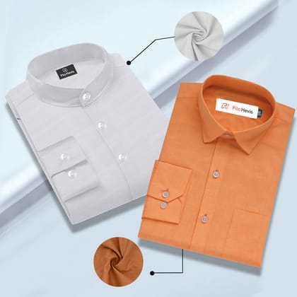 Cotton Linen Mandarin Collar White & Filafil Spread Collar Orange- Classic Shirt Combo (Set of 2)-M