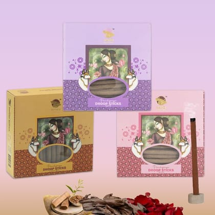 Nandi Panchgavya 100 Percent Cow Dung Dhoop Sticks for Pooja with Stand (Chandan, Oud, Rose Fragrance - Pack of 3,150 Sticks)