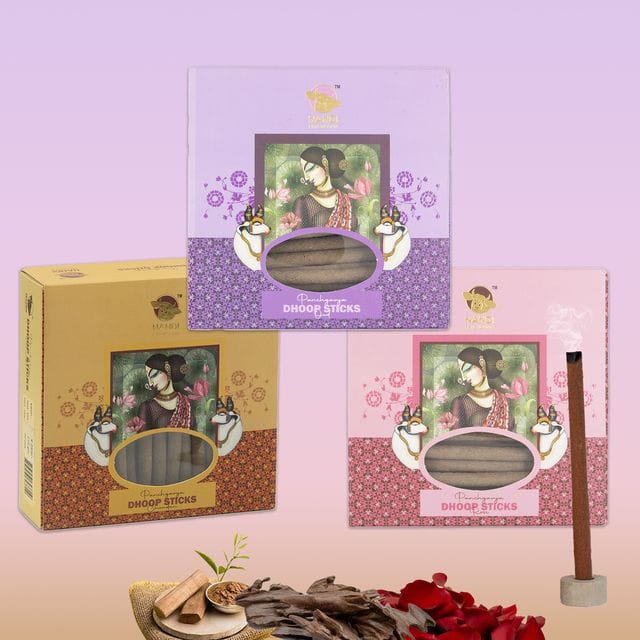 Nandi Panchgavya 100 Percent Cow Dung Dhoop Sticks for Pooja with Stand (Chandan, Oud, Rose Fragrance - Pack of 3,150 Sticks)