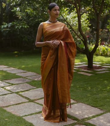 Honey Amber Handloom Silk Cotton With Kalamam Buttas and Checked border-Oil Mustard