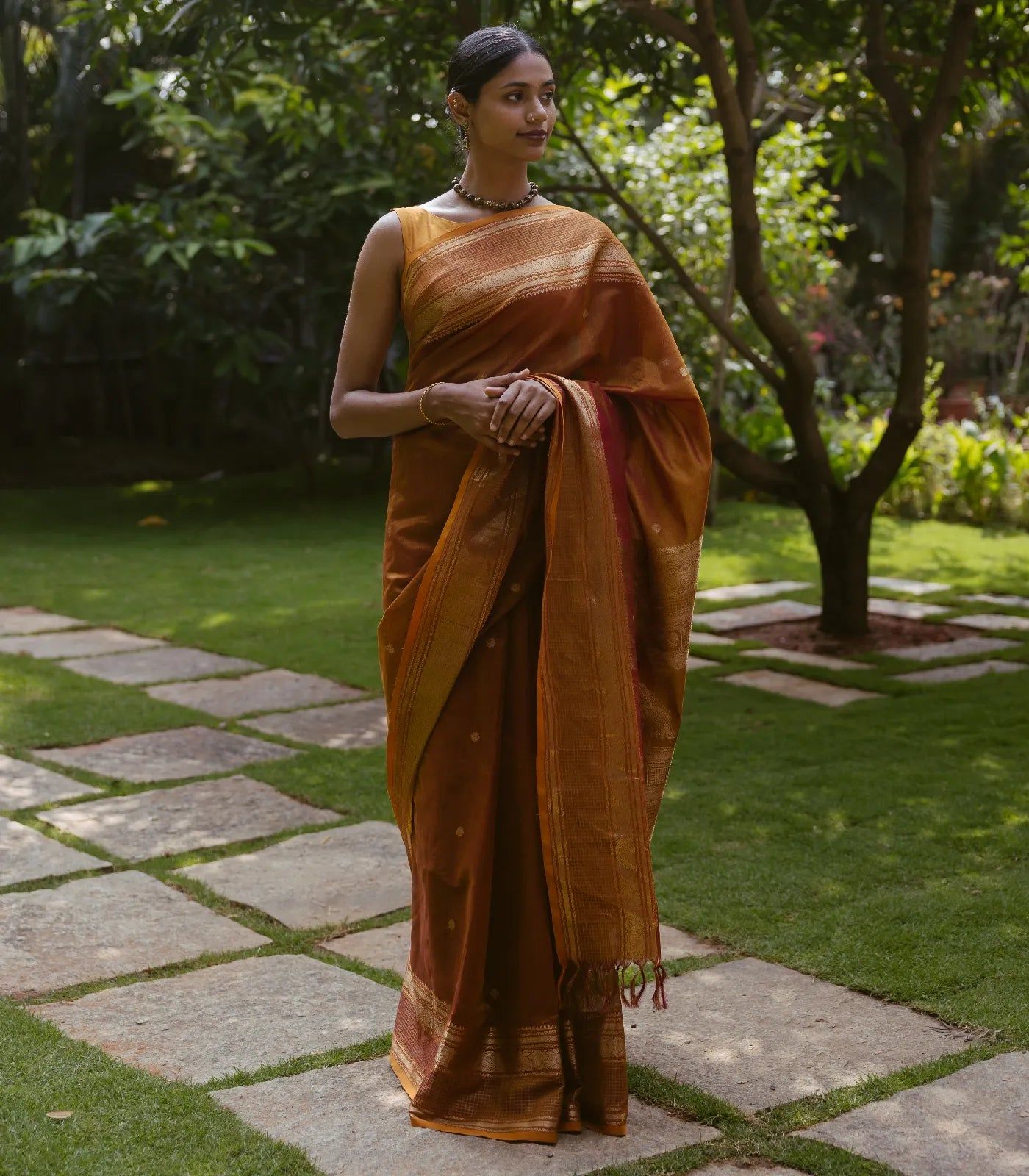 Honey Amber Handloom Silk Cotton With Kalamam Buttas and Checked border-Oil Mustard