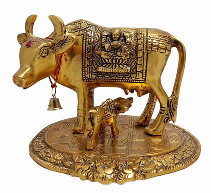 DreamKraft Metal Gold Elegant Kamdhenu Cow and Calf Statue for Home Décor (16x12x11 cm, 440 gm)
