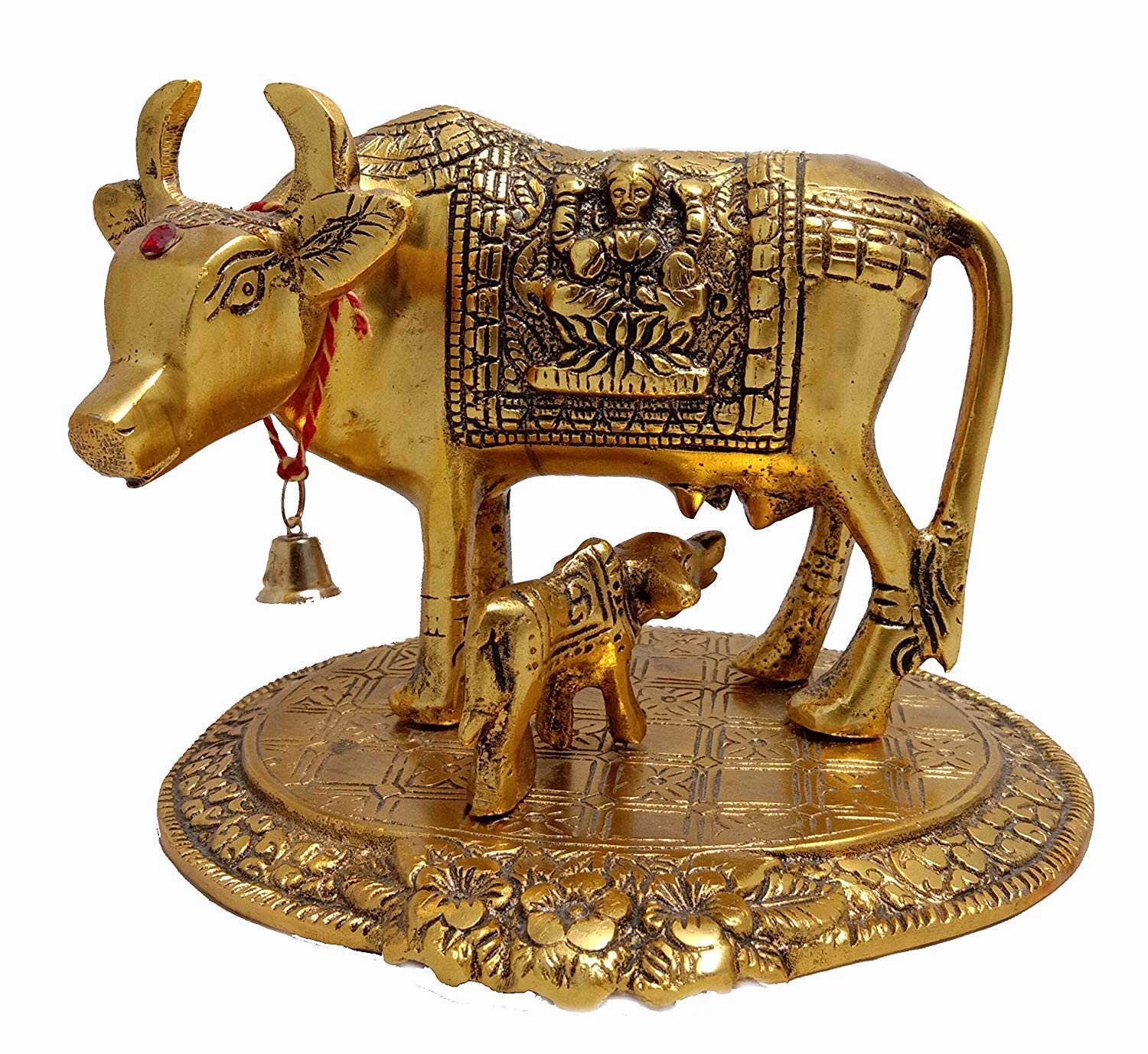 DreamKraft Metal Gold Elegant Kamdhenu Cow and Calf Statue for Home Décor (16x12x11 cm, 440 gm)
