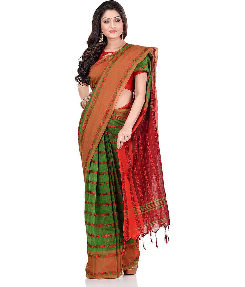 Desh Bidesh Cotton Self Design Saree With Unstitched Blouse Piece ( Green )