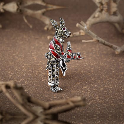 Peter Rabbit Oxidised Silver Brooch for Men with Marcasite