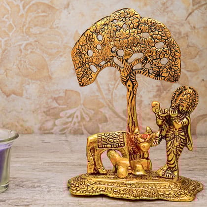 Craftlayout Metal Krishna Statue With Cow and Calf Showpiece 6 Inch