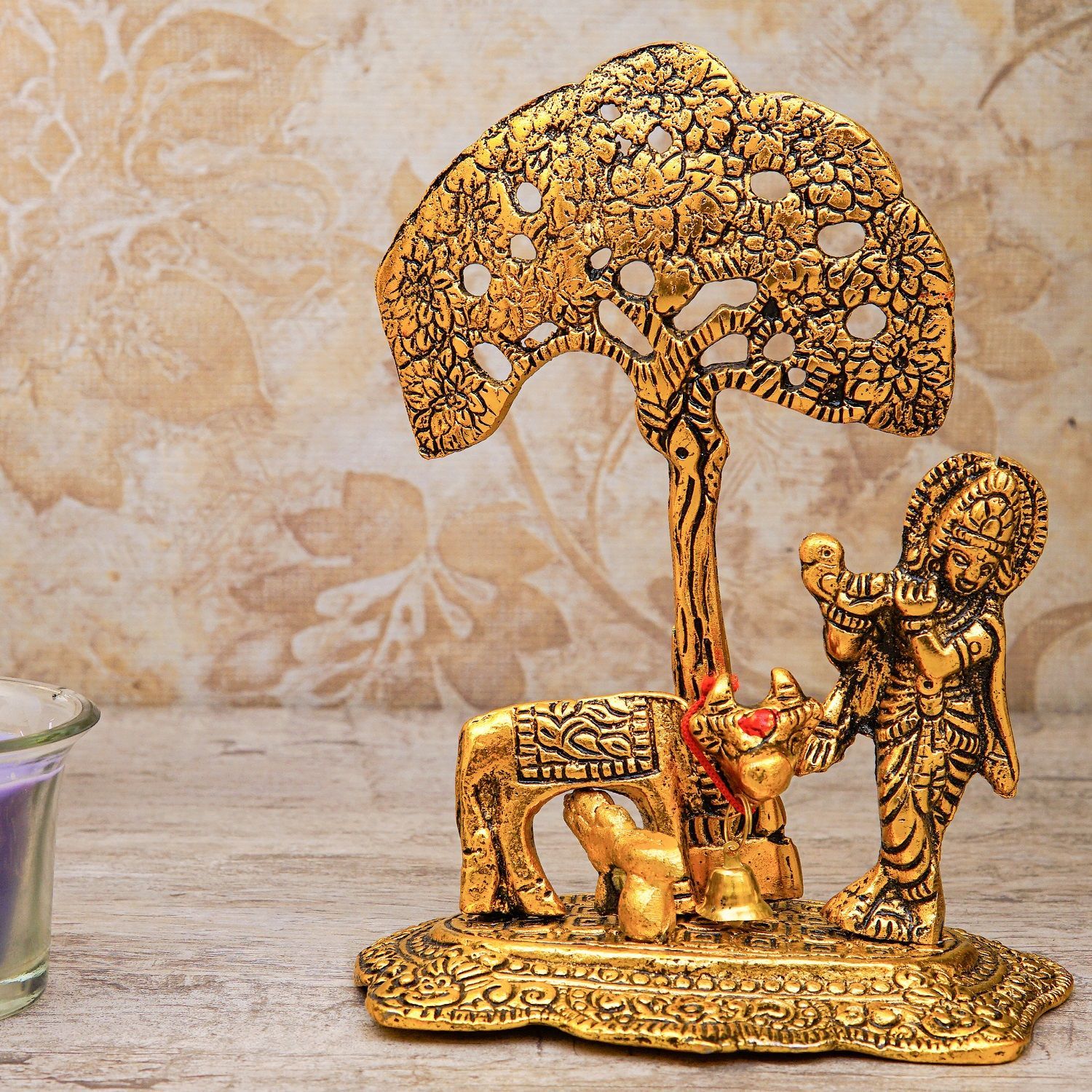 Craftlayout Metal Krishna Statue With Cow and Calf Showpiece 6 Inch
