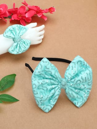 Sequins Bow Bracelet & Hairband Set -Aqua-one Size / Aqua