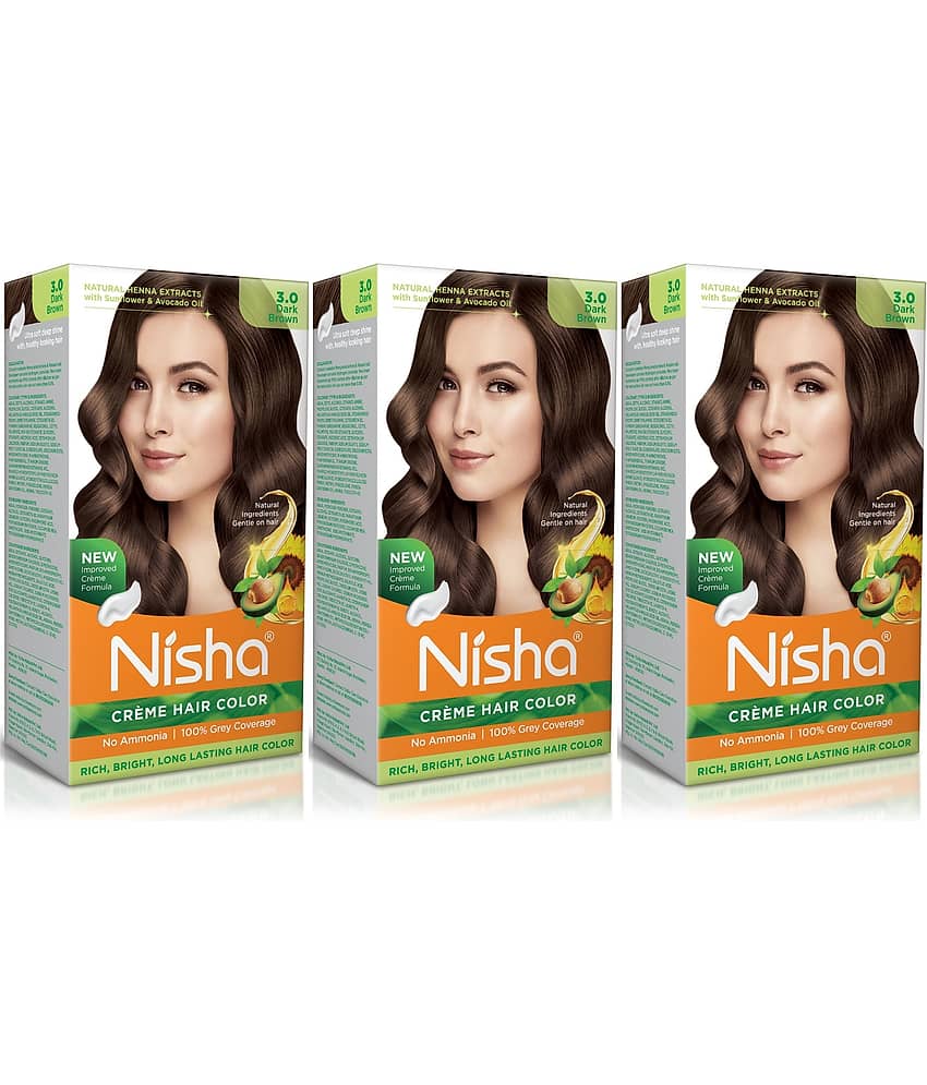 Nisha Creme Hair Color 3.0 Dark Brown 120g Pack of 3, Permanent Hair Colour for Women Men, No Ammonia 100% Grey Coverage